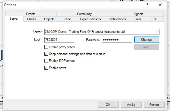 MetaTrader 4 login and password change window