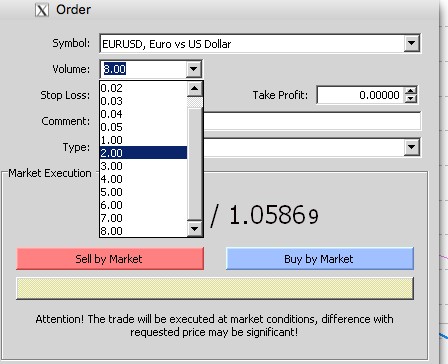 MetaTrader order window showing volume selection for lots