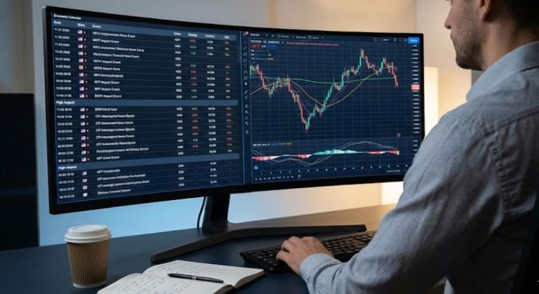 Trader analyzing the economic calendar and charts