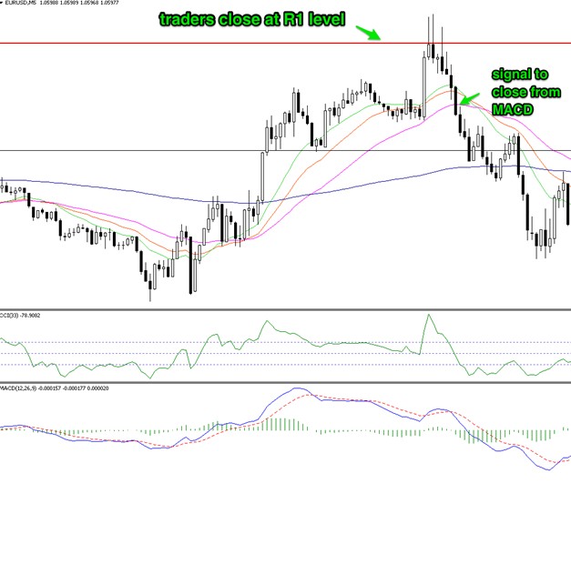 EURUSD 5-minute chart showing rejection at R1 pivot