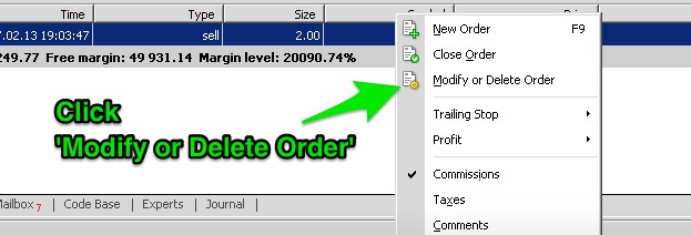 MetaTrader 4 order modification menu