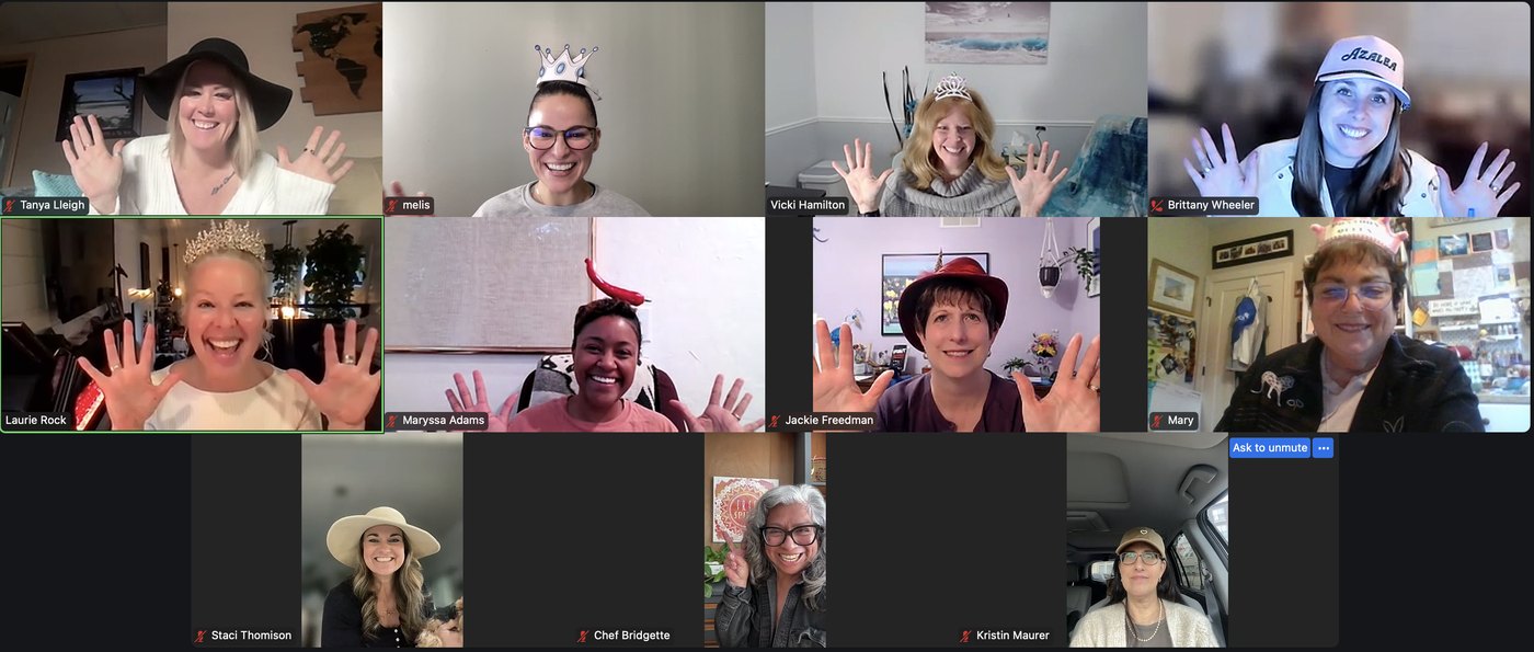 The whole HTW tribe on a live call, crowns on