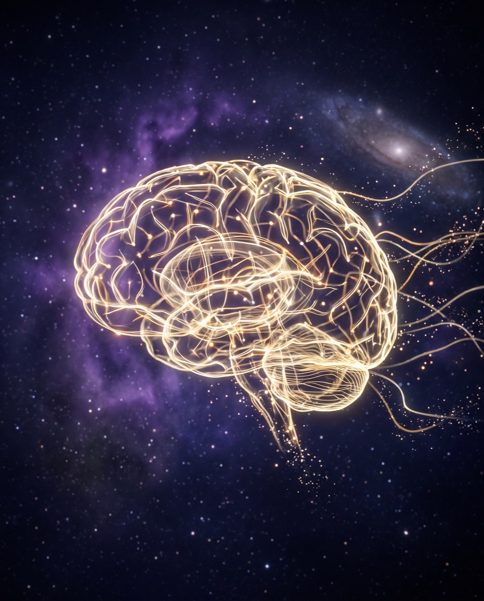 A glowing neural network suspended in deep space