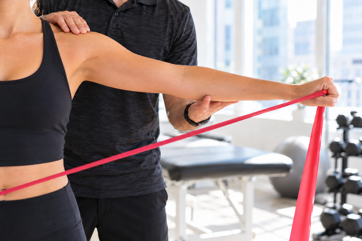 Physical therapist guiding a patient through a resistance band shoulder rehabilitation exercise