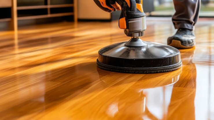 A worker using a floor polishing machine to clean and shine a wooden floor.