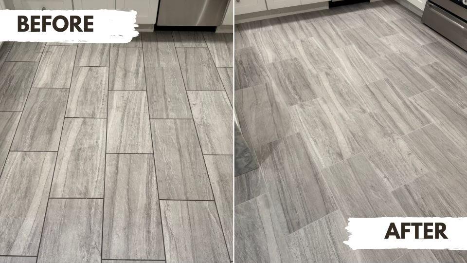 Before and after professional tile and grout cleaning by SteamWorx in the Phoenix Metro Area, showing restored kitchen flooring.