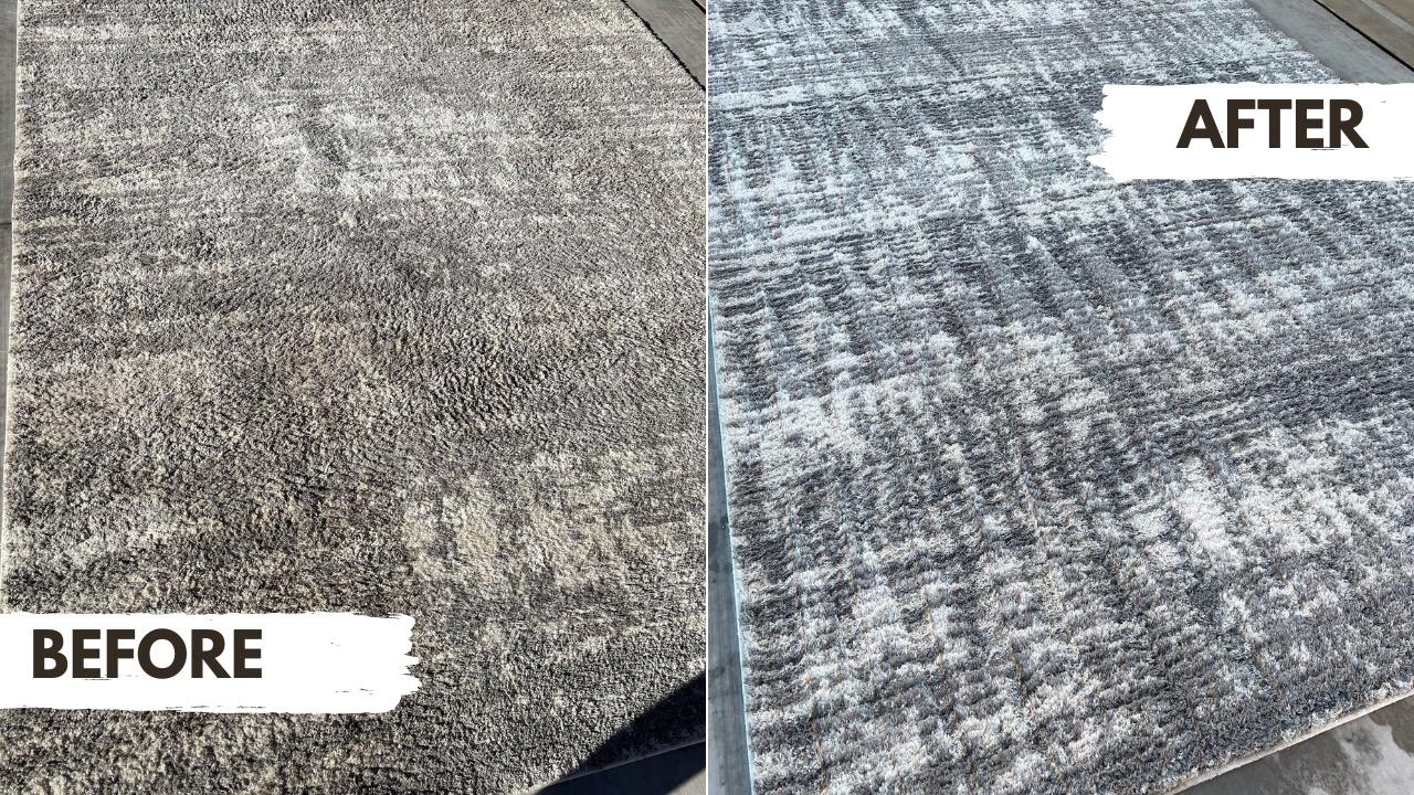 Before and after professional shaggy rug cleaning by SteamWorx in the Phoenix Metro Area, showing restored color and texture.