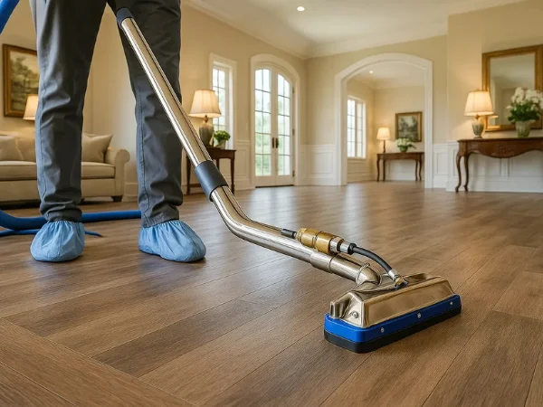 A person in gray pants and blue shoe covers cleans a light brown hardwood floor with a professional cleaning tool.