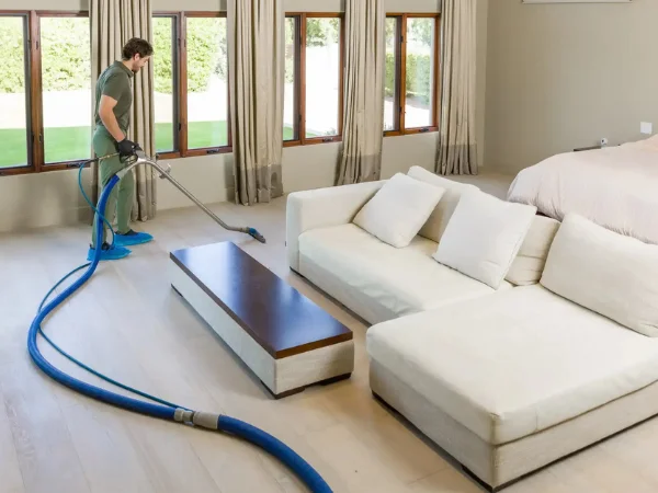 A man in green uniform and blue shoe covers deep-cleans a light hardwood floor with a professional carpet cleaner.