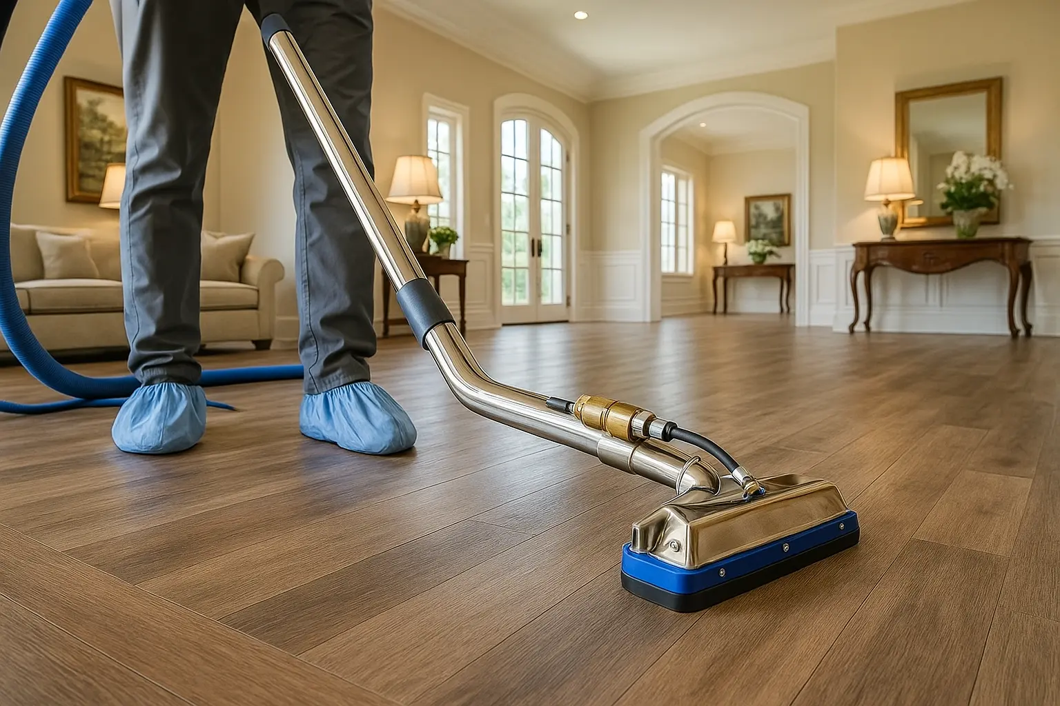 A person using a floor cleaning machine to clean a wooden floor in a spacious living room.