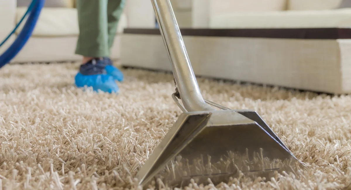 A close-up shot of a carpet cleaning tool on a shaggy cream-colored carpet in a home.
