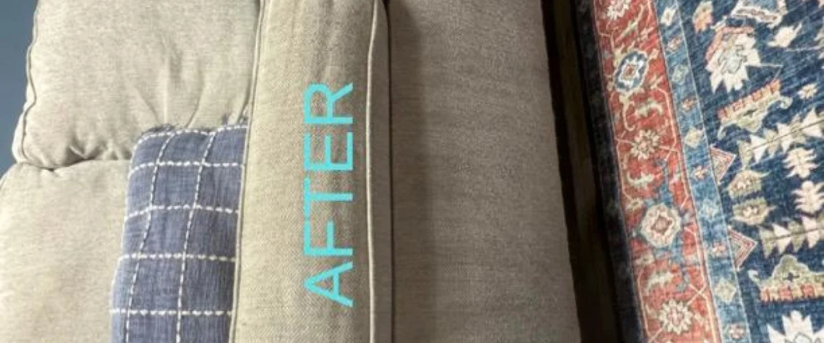 A close-up of a neutral-colored couch with a blue and white patterned throw pillow and a colorful rug, labeled 'AFTER'.