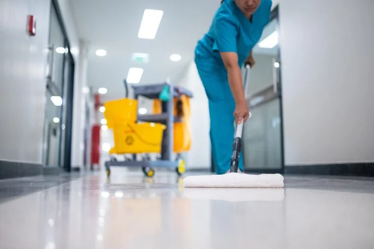 A cleaning worker in a uniform is mopping the floor in a hallway, with a cleaning cart in the background.