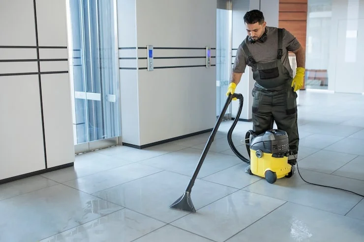 A man wearing work clothes and yellow gloves is cleaning a tiled floor in a modern hallway using a wet vacuum cleaner.