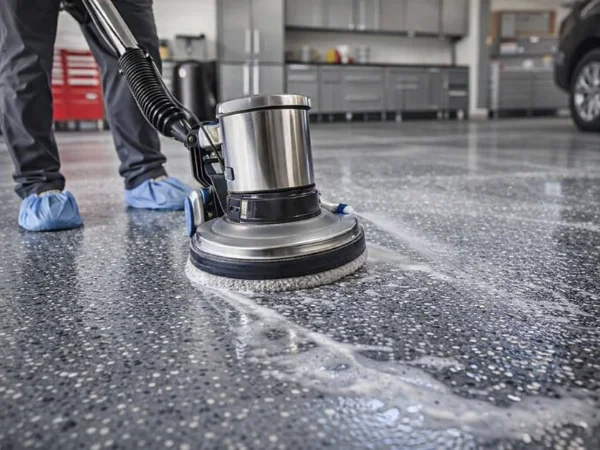 A person using an industrial floor buffer to clean a speckled gray floor with suds in a large garage area.
