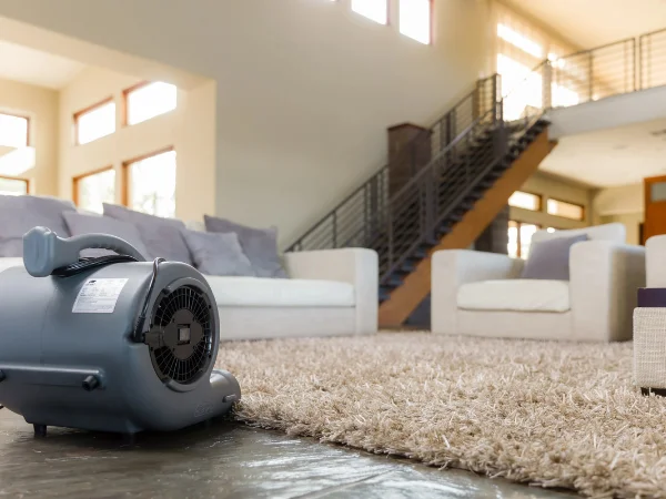 A gray water damage blower drying a shaggy beige carpet in a spacious living room with natural light.