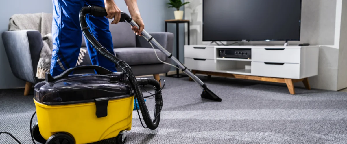 A person vacuuming a carpet in a living room using a canister vacuum cleaner, with a sofa and TV stand in the background.