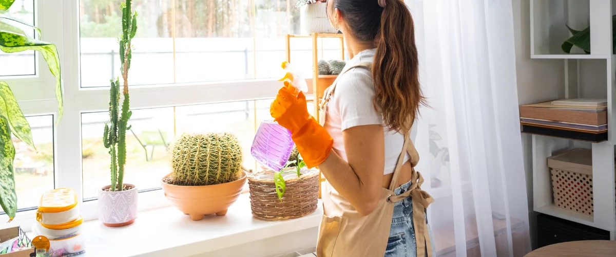 A woman in orange gloves and an apron sprays water on houseplants in pots on a windowsill.