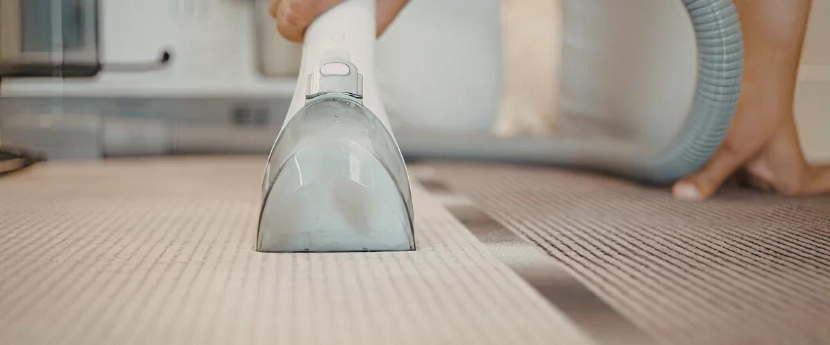 A close-up shot of a white carpet cleaner nozzle removing dirt from a light-colored rug, with a vacuum hose and a hand visible in the background.