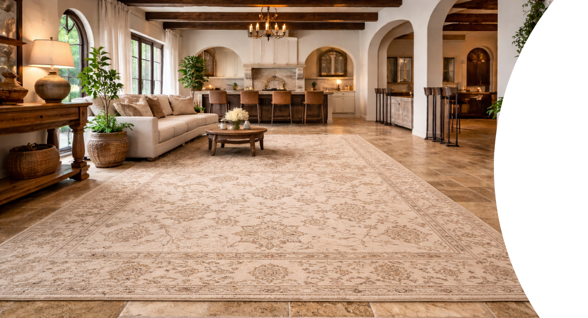 A luxurious Mediterranean-style great room with an ornate beige area rug, a cream sofa, and a kitchen visible in the background.