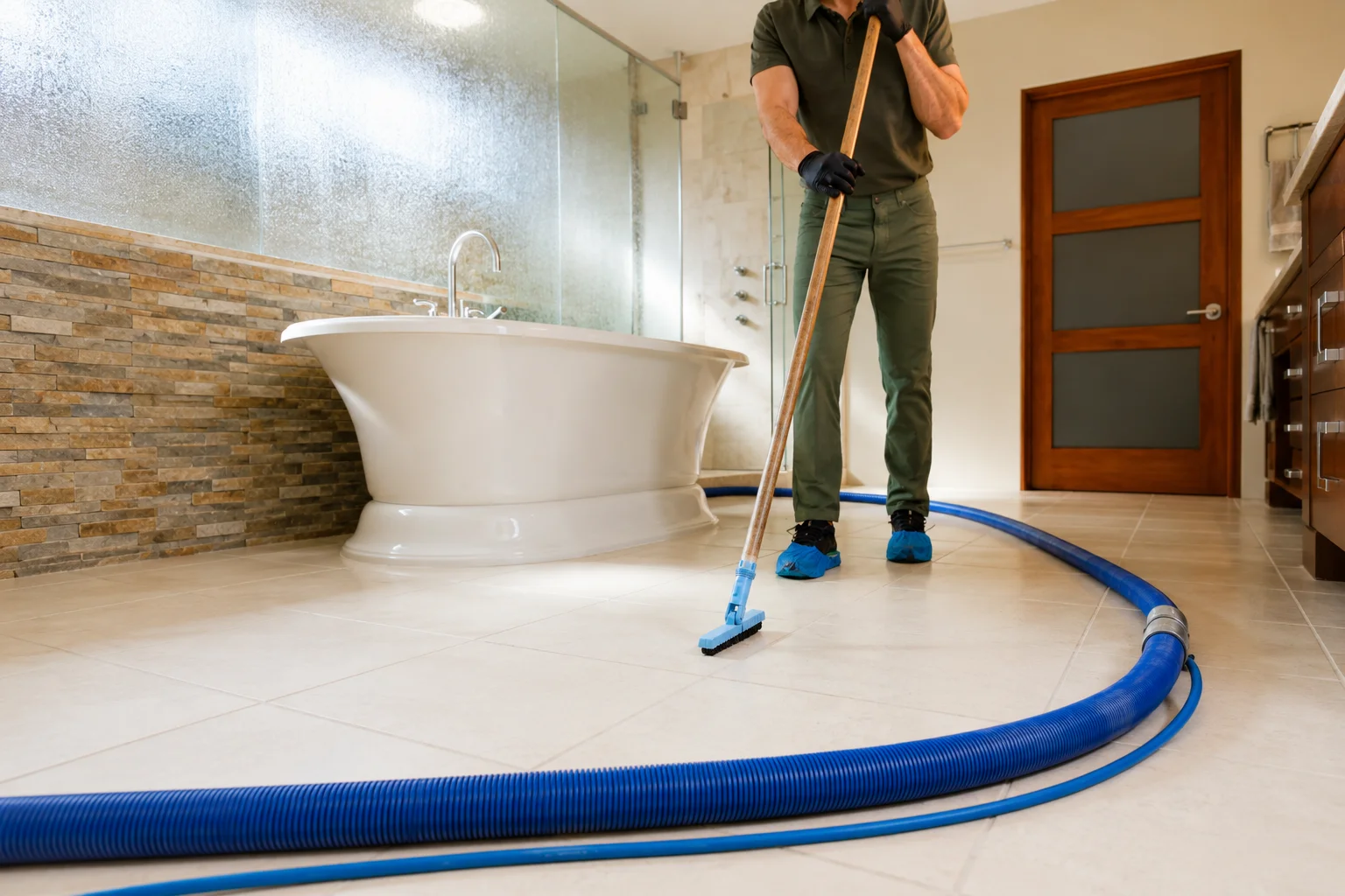 A cleaner in black gloves and shoe covers uses a brush to clean a light tile bathroom floor with a blue hose on the floor.