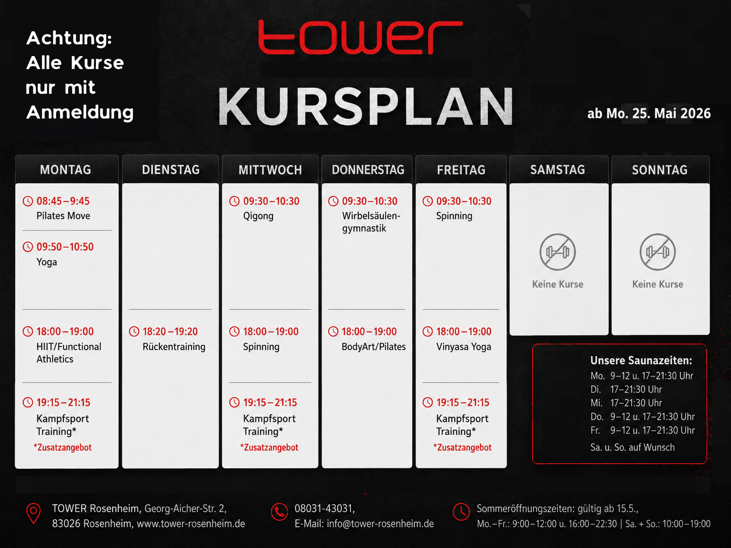 Stundenplan der TOWER Kurse