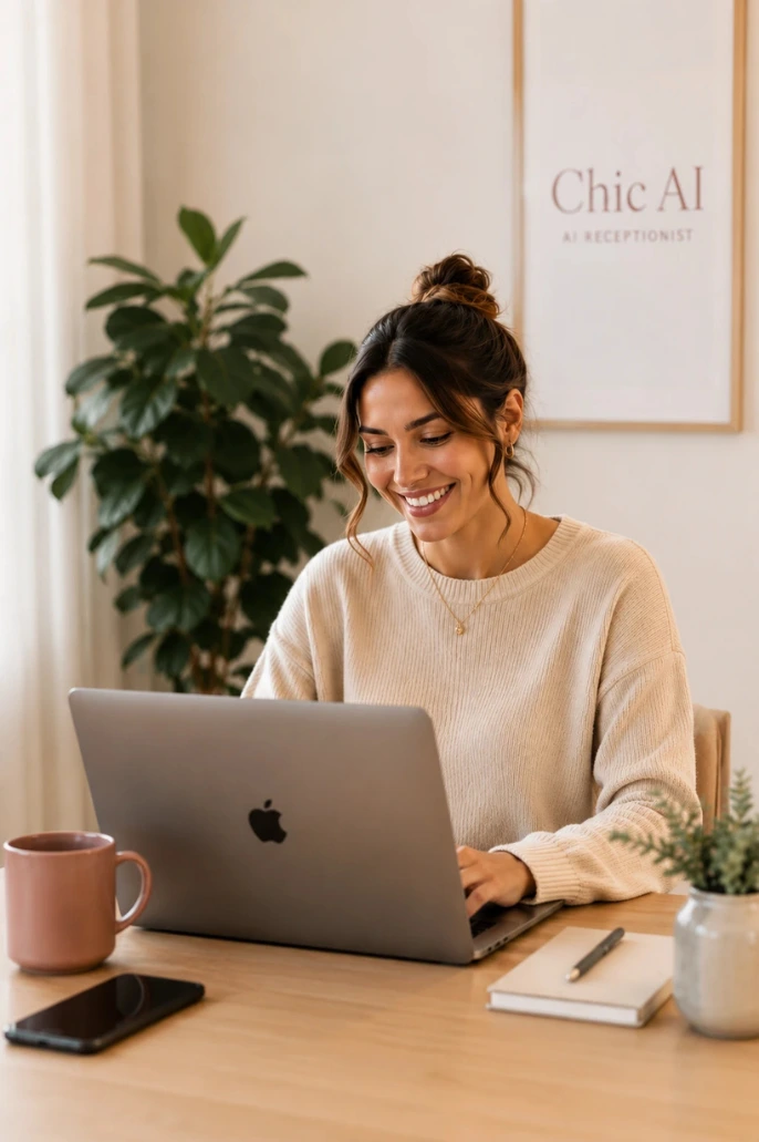 Chic AI receptionist — woman smiling at laptop
