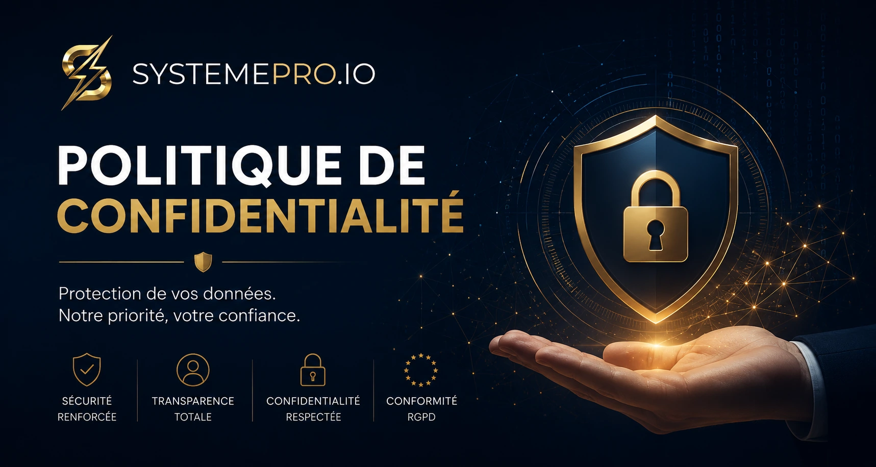 Illustration premium SystemPro.io représentant la protection des données, la confidentialité, la sécurité digitale et la conformité RGPD