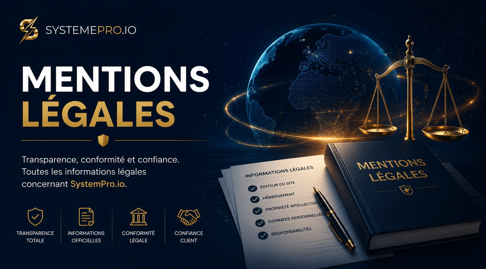 Illustration premium SystemPro.io représentant les mentions légales, la conformité, la transparence et la confiance digitale