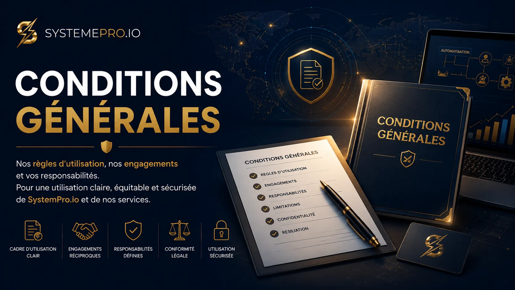 Illustration premium SystemPro.io représentant les conditions générales, les règles d’utilisation, les engagements et la conformité digitale