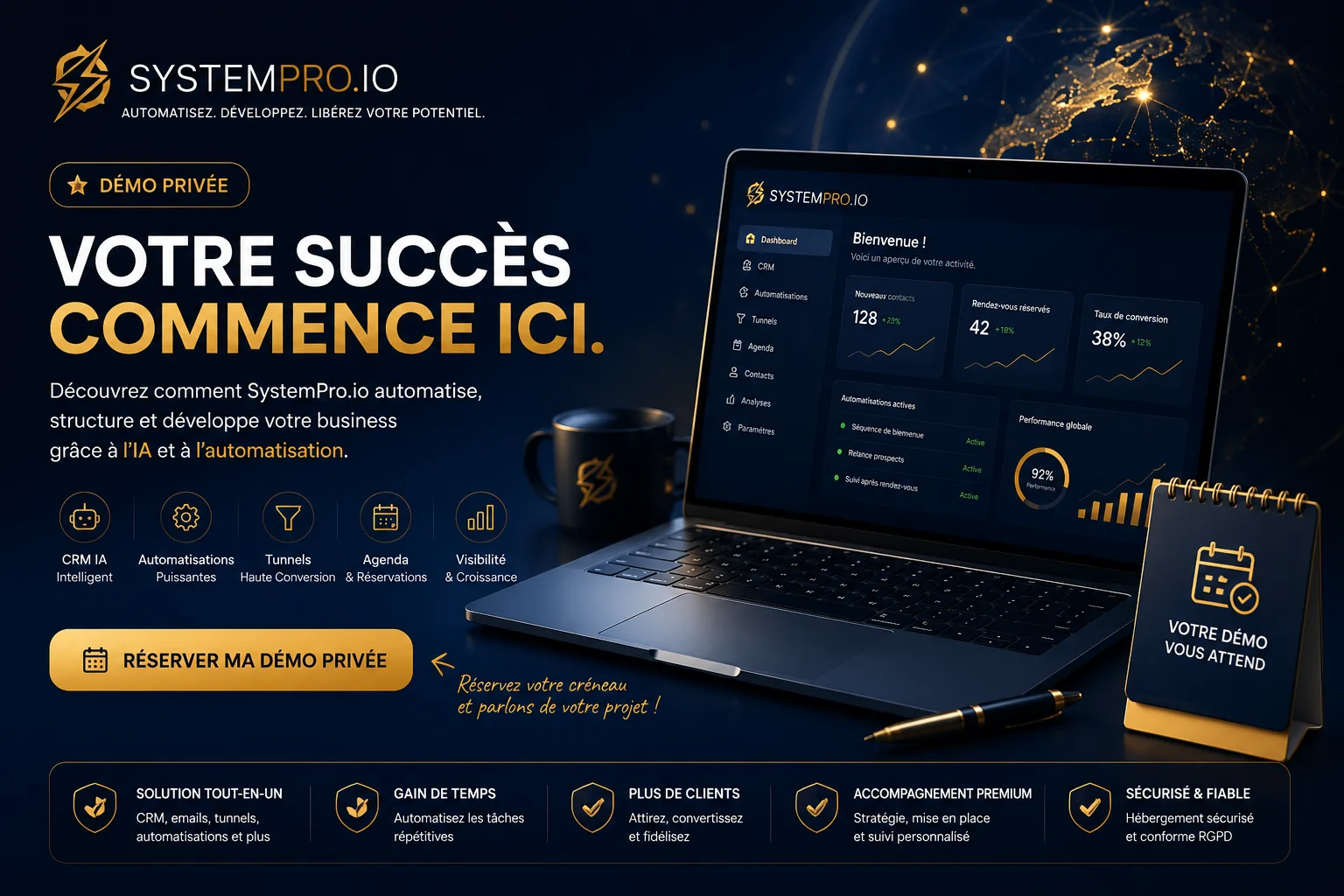 Bannière premium SystemPro.io pour réserver une démo privée, avec automatisation, CRM IA, tunnels, agenda et visibilité digitale