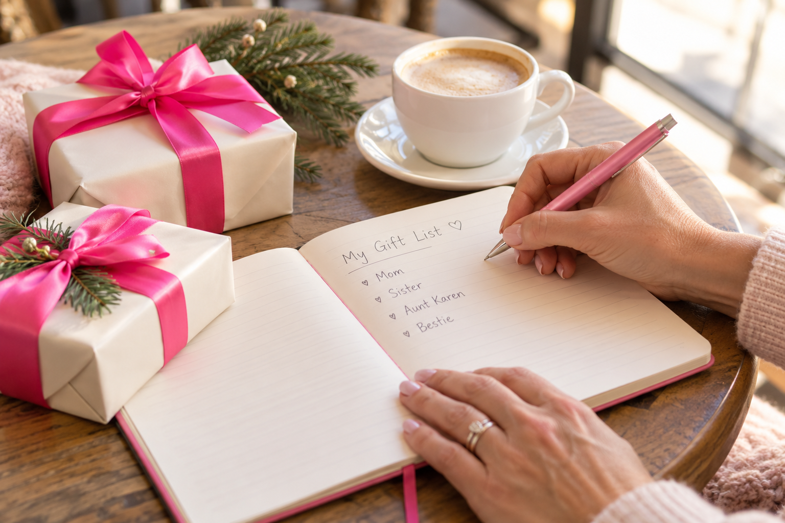 A woman writing her holiday gift list beside wrapped gifts and coffee
