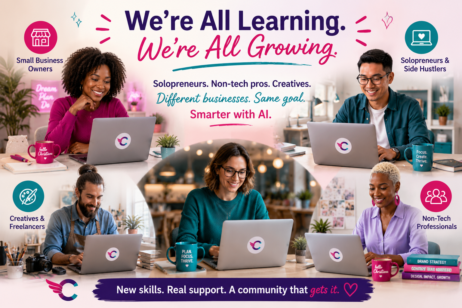 Diverse small business owners and solopreneurs using laptops representing target audience for AI Made Simple series
