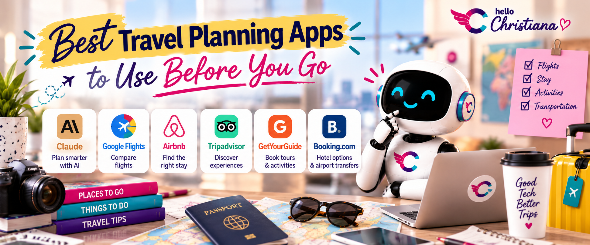HelloChristiana graphic introducing travel planning and booking tools, including Claude, Google Flights, Airbnb, Tripadvisor, GetYourGuide, and Booking.com.