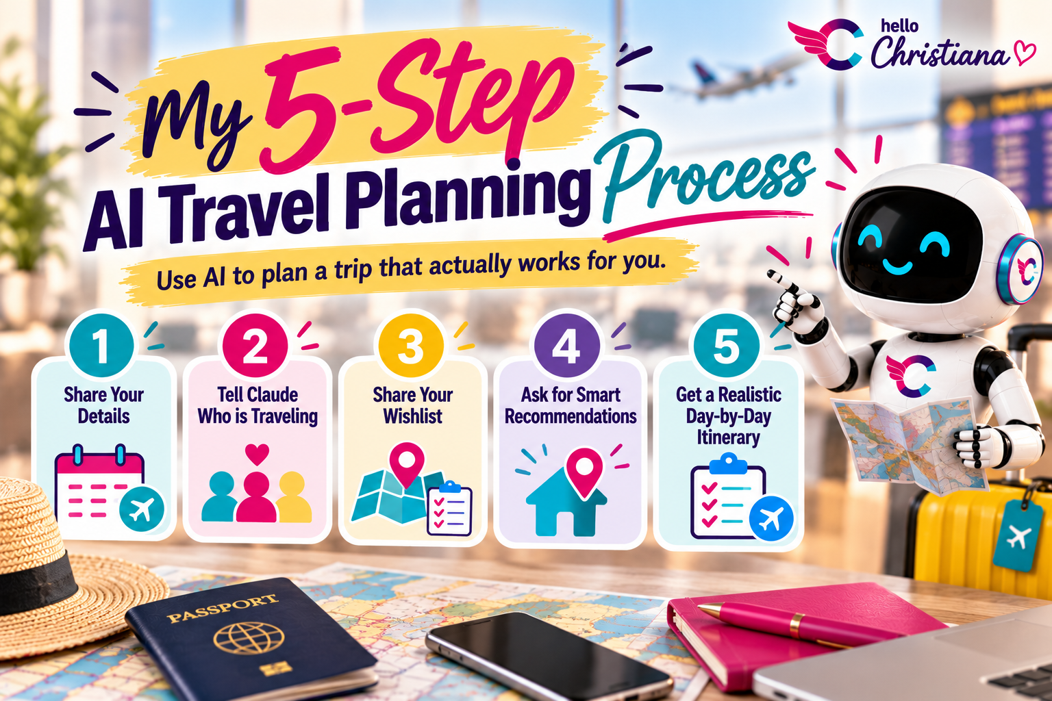 Five-step AI travel planning process: share trip details, identify travelers, share a wishlist, request smart recommendations, and create a realistic day-by-day itinerary.