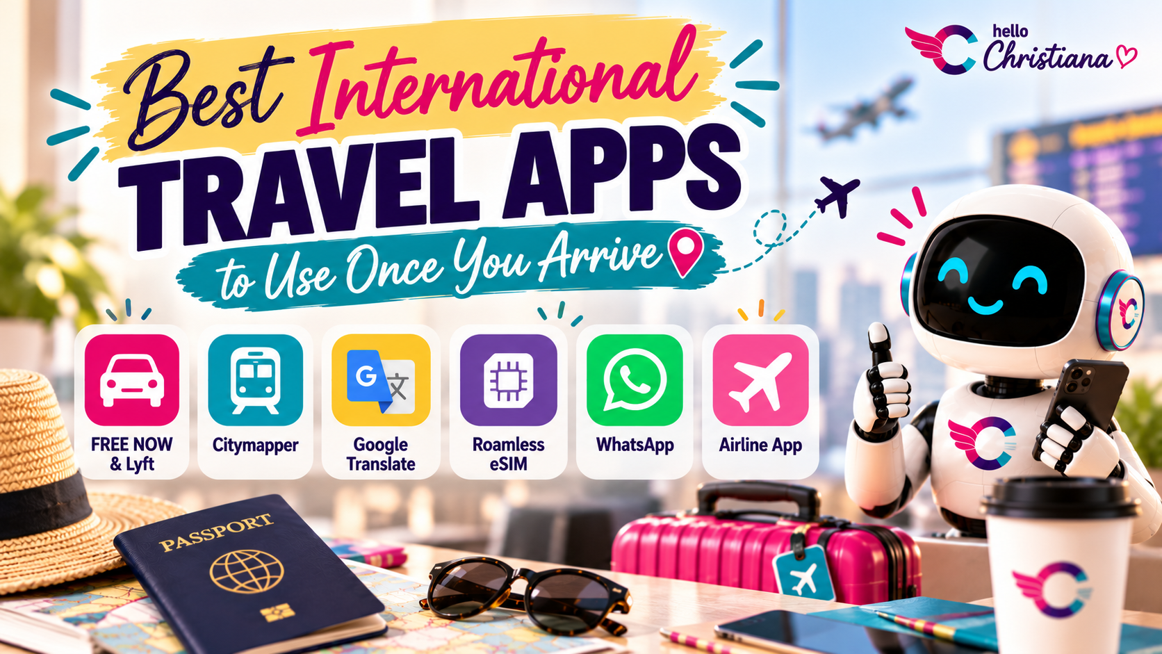HelloChristiana travel apps graphic showing FREE NOW and Lyft, Citymapper, Google Translate, Roamless, WhatsApp, and an airline app beside a robot mascot.