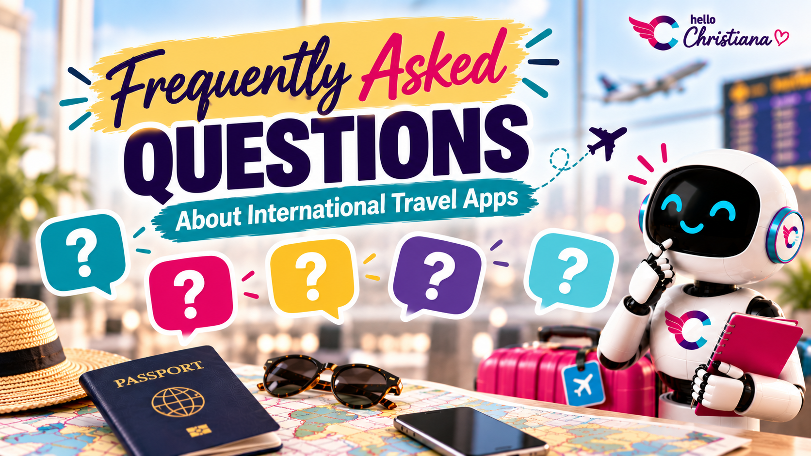 Frequently Asked Questions About International Travel Apps graphic featuring colorful question marks, travel accessories, and the HelloChristiana robot.