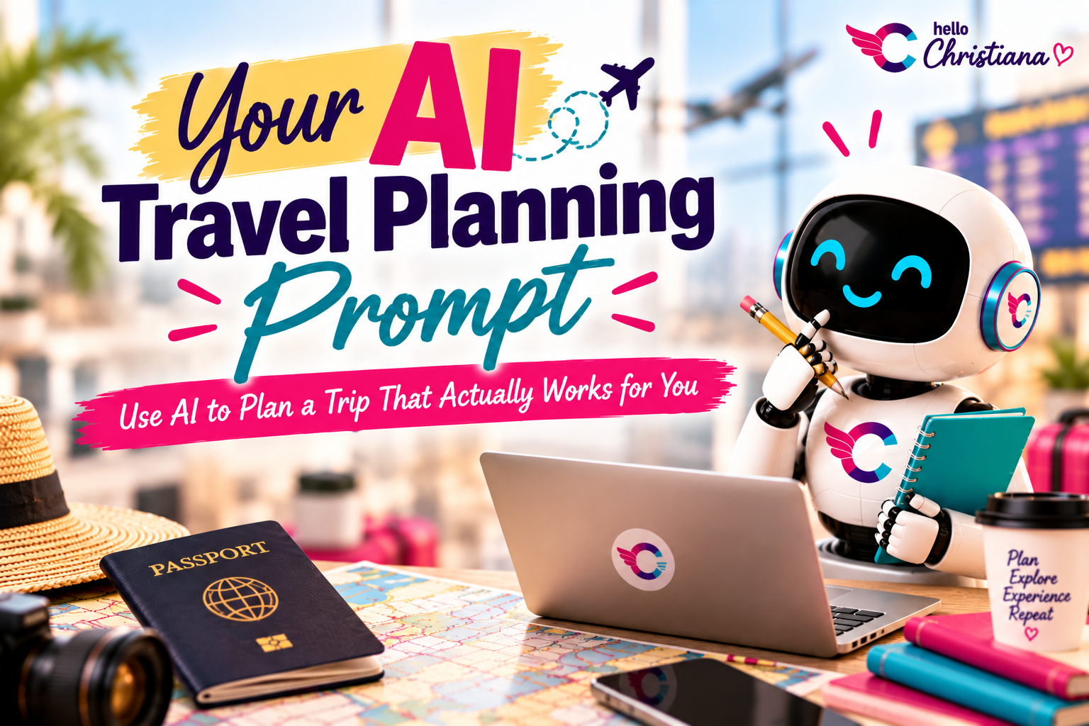 Your AI Travel Planning Prompt graphic featuring the HelloChristiana robot using a laptop, with a passport, map, and travel accessories.