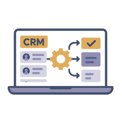 Laptop interface displaying Go HIghLevel's CRM system, connecting user profiles to automated workflows and task checklists. Represents how Solenzo streamlines customer relationship management.