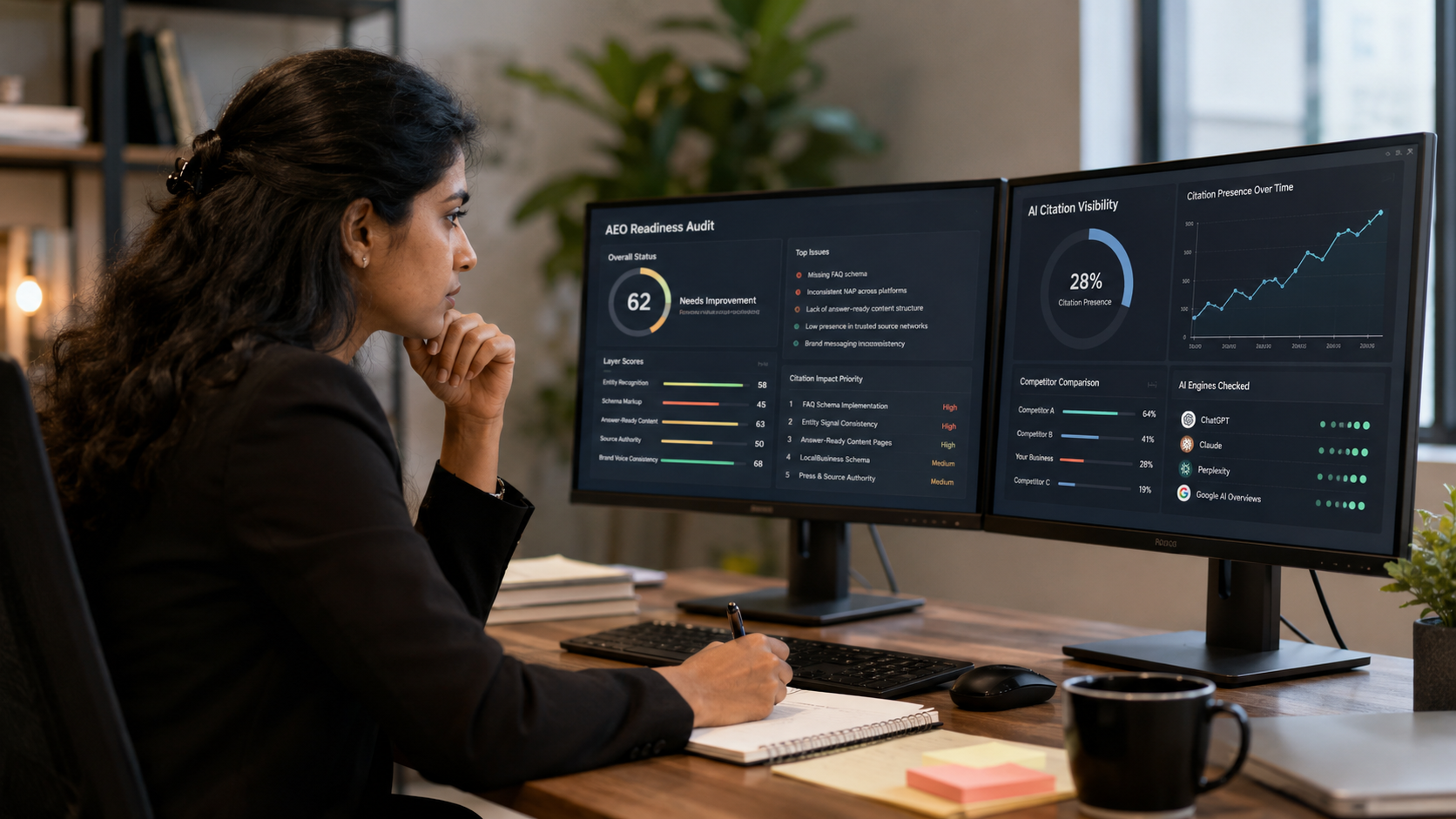 Marketing professional reviewing an AEO readiness audit dashboard showing AI citation visibility, schema issues, and optimization opportunities across ChatGPT, Perplexity, Claude, and Google AI Overviews. Marketing professional reviewing an AEO readiness audit dashboard showing AI citation visibility, schema issues, and optimization opportunities across ChatGPT, Perplexity, Claude, and Google AI Overviews.