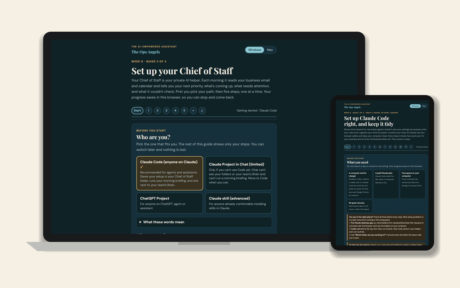 The Week 0 Chief of Staff guide on a laptop and the Claude Code guide on a tablet