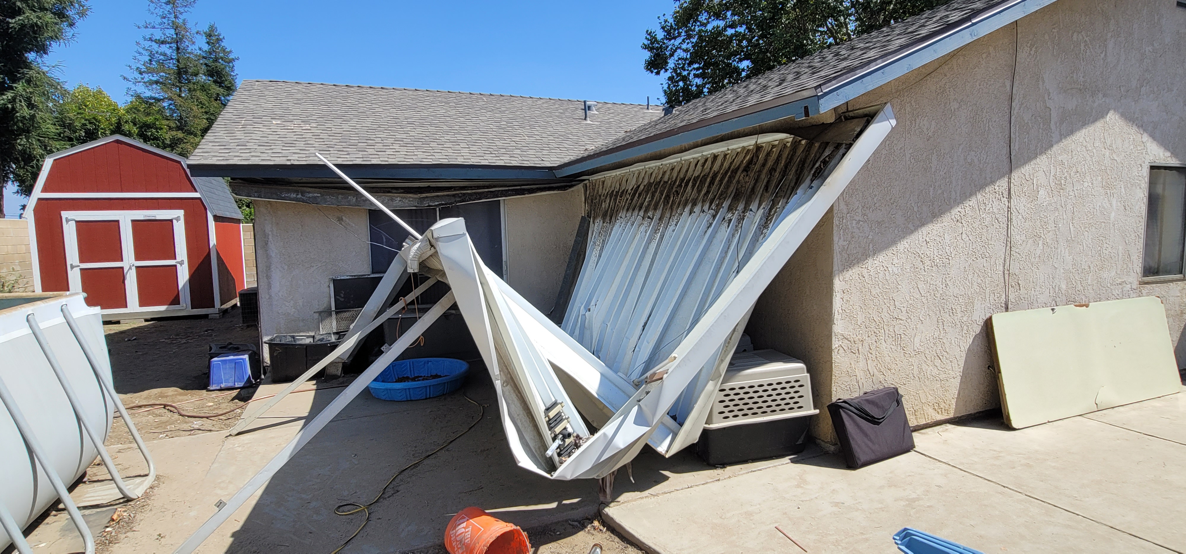 Collapsed / failed patio cover Mr. Patio Cover was called in to repair — Southern California