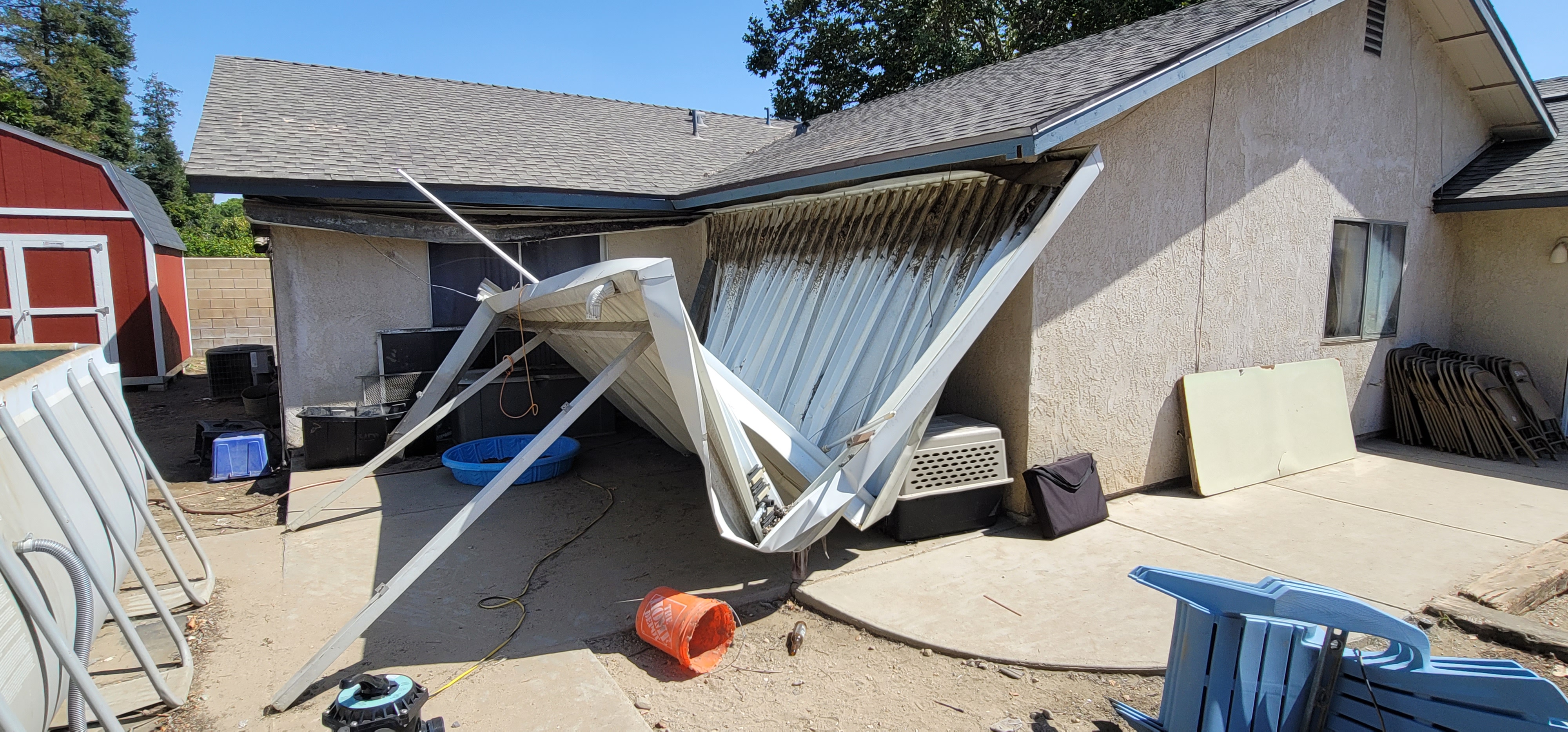 Collapsed / failed patio cover Mr. Patio Cover was called in to repair — Southern California