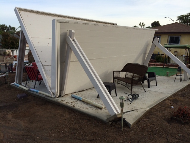 Collapsed / failed patio cover Mr. Patio Cover was called in to repair — Southern California