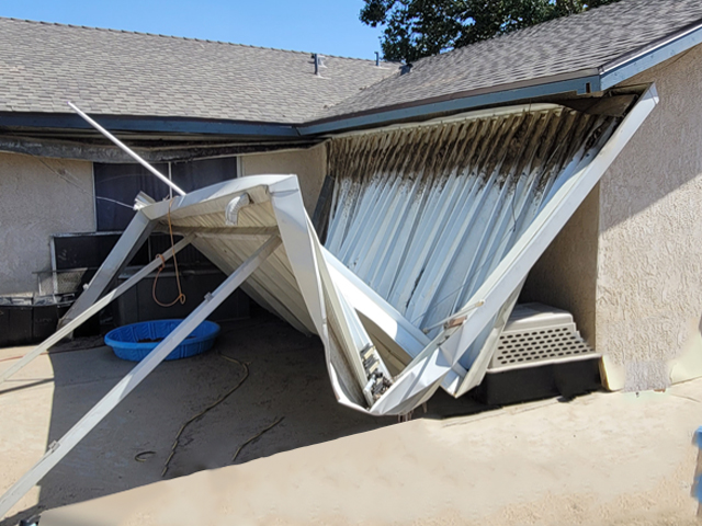 Collapsed / failed patio cover Mr. Patio Cover was called in to repair — Southern California