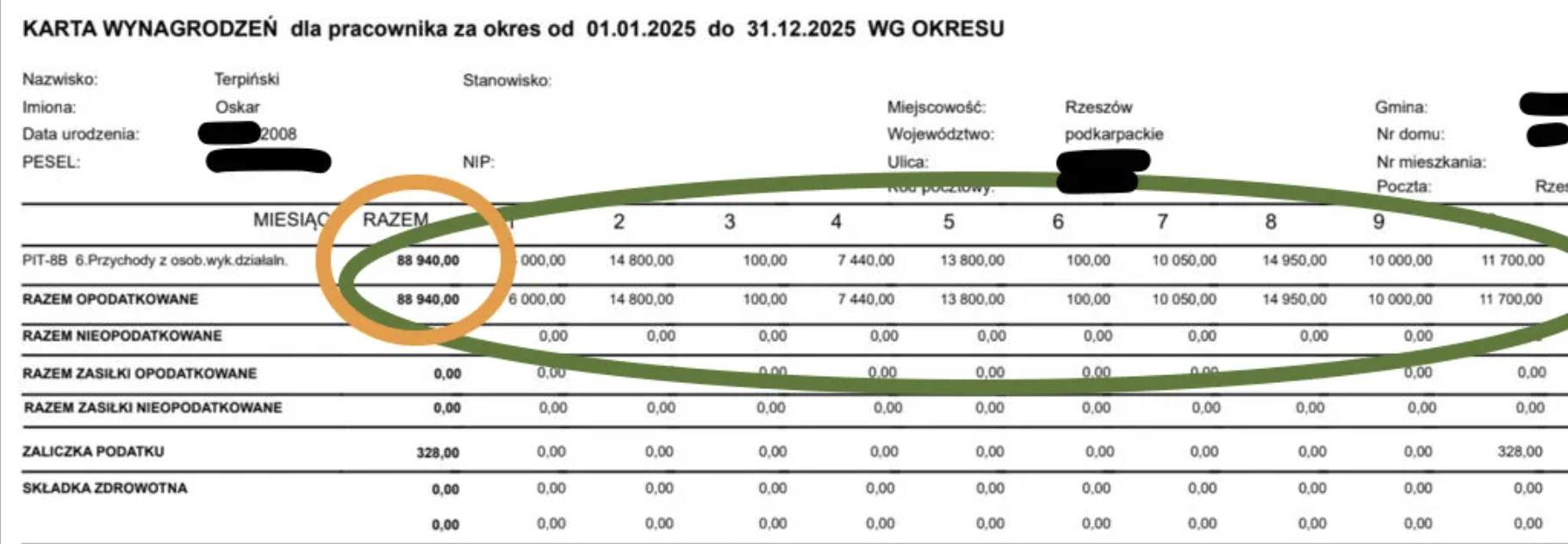 Screenshot zarobków Oskara za 2025 od księgowego