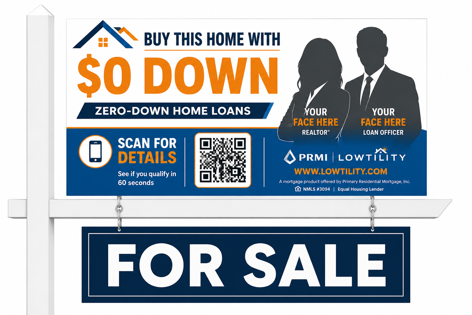 $0 Down Co-Branded Sign Rider with Realtor and Loan Officer photos