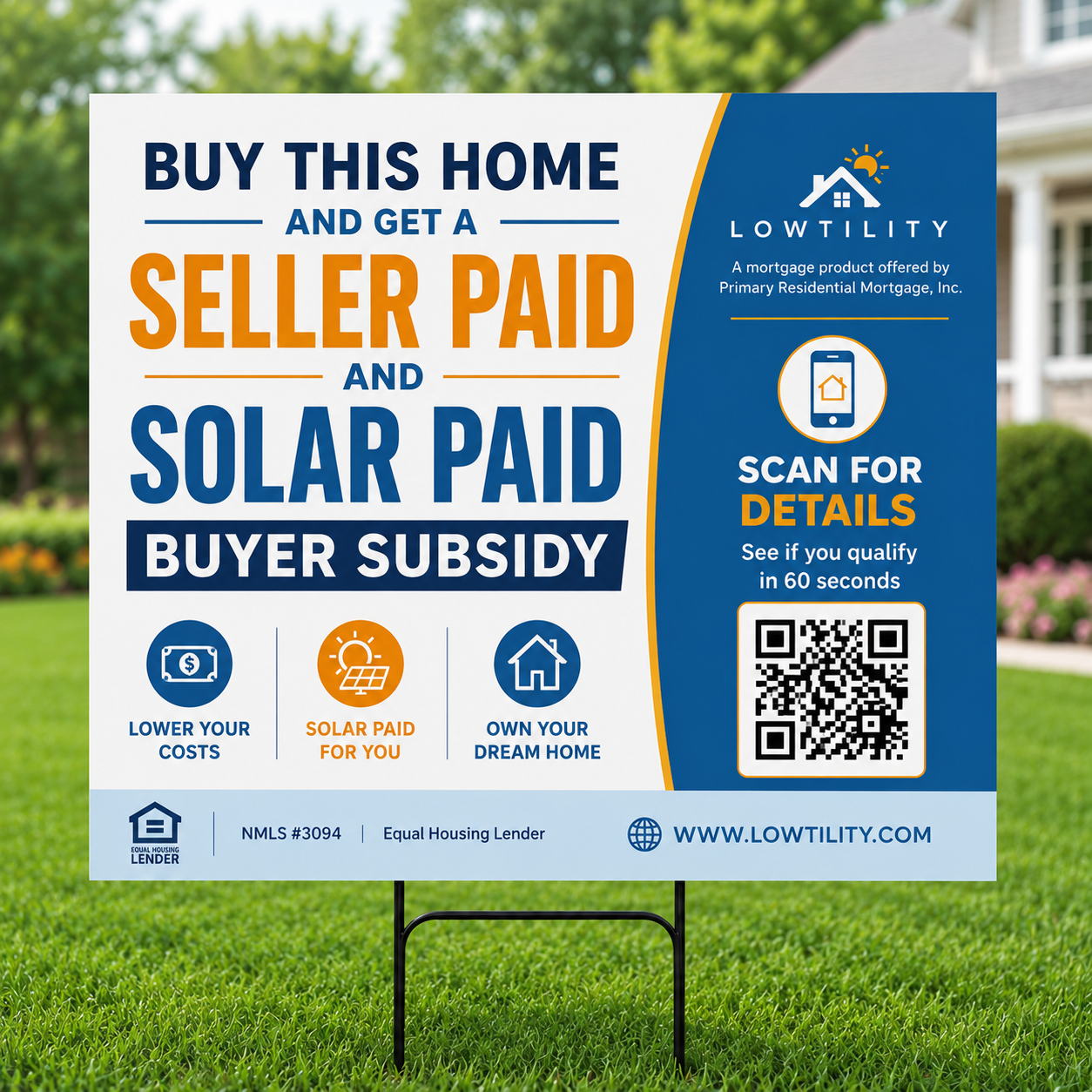 Seller Paid & Solar Paid Yard Sign with 3 buyer benefit icons