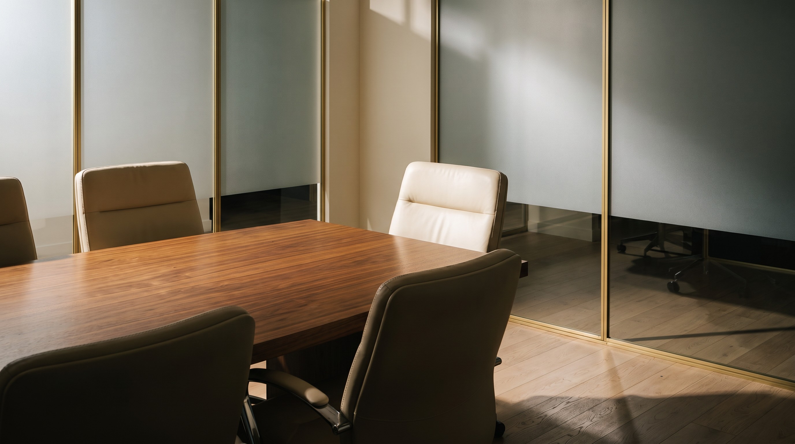 Boutique conference room with a walnut table and glass partitions