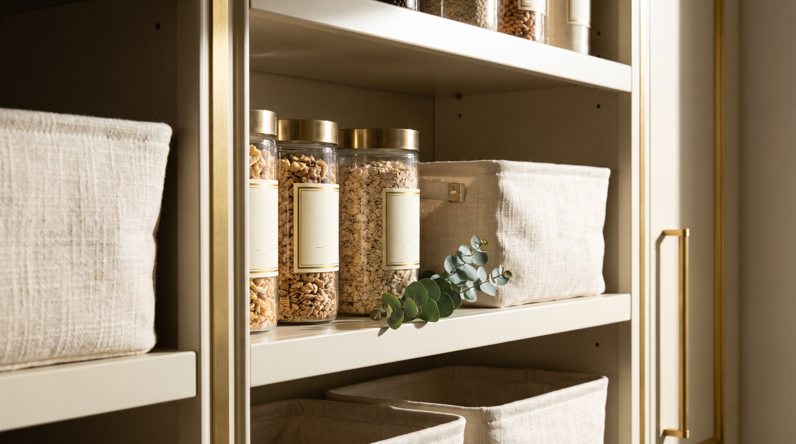 Organized luxury pantry with glass jars, linen baskets, and gold hardware